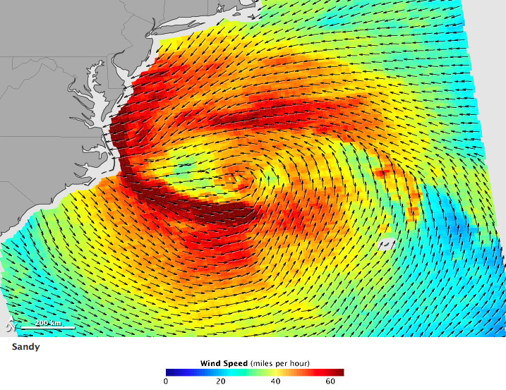 The image above shows the strength and direction of Sandy�s ocean surface winds on October 28, 2012.